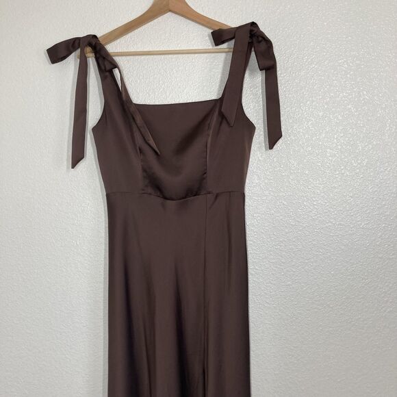 Birdy Grey Dress Womens Small Brown Satin Square Neck Tie Strap Maxi Bridesmaid - Picture 3 of 16